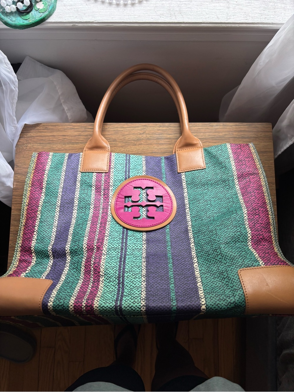 Tory Burch Ella striped pvc large tote bag